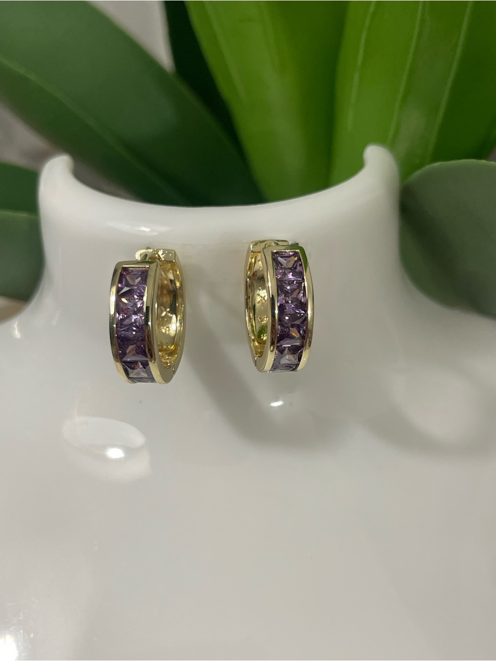 Gold Hoop Earrings with Purple Gem Inlay